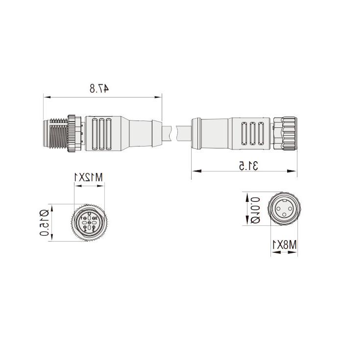 M8 to M12 3Pin, M8 straight female head with LED light to M12 straight male head, double end precast PUR flexible cable, black sheath, 63D251-XXX